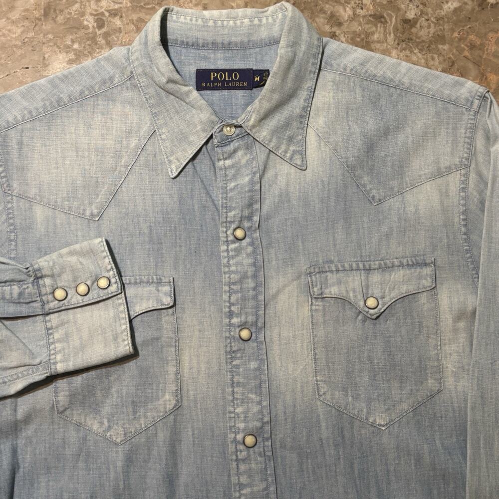 Polo Ralph Lauren Shirt Mens Medium Blue Denim Pearl Snap Long Sleeve Yoke Faded